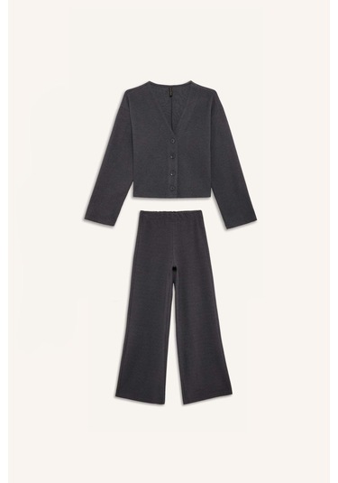 DeFacto 2'li Takım V Yaka Düğmeli Hırka Esnek Belli Geniş Paça Pantolon E9859AX24WNAR148