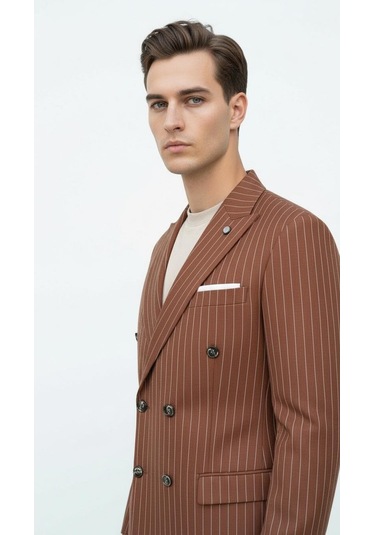 Plus Scorpion Kahverengi Çizgili Erkek Kruvaze Blazer Ceket İtalyan Kesim, Modern Şıklık Kahverengi