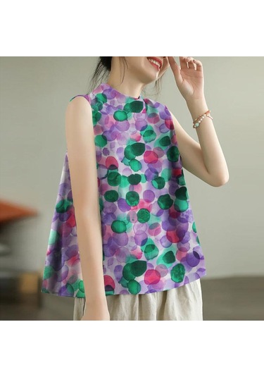 Zanzea Kadın Günlük O-boyun Baskılı Kolsuz Atlet Mor