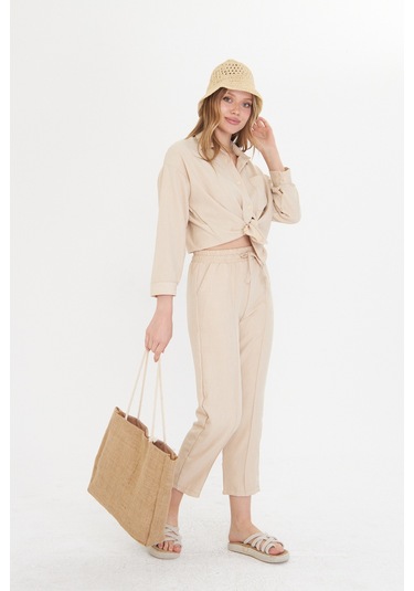 Bej Kadın Keten Gömlek Ve Pantolon Alt Üst Takım Bej