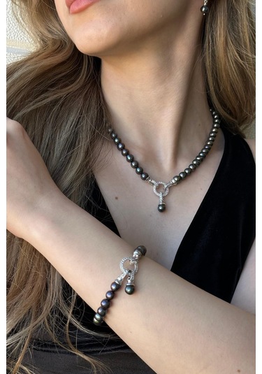 8,5 Mm Zirkon Taşlı Halka Kilitli Doğal İnci Küpe Kolye Bileklik Üçlü Set 45 Cm / Rose Gümüş