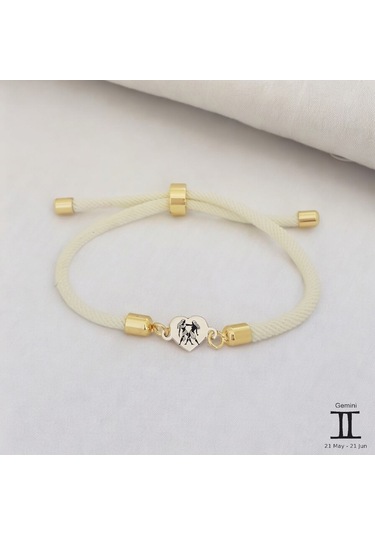 Archin İkizler Burçlarına Özel 14 Ayar Altın Plakalı Beyaz Örgülü Kalp Figürlü Hediye Bileklik-478burç İkizler