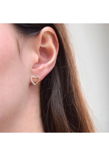 Lilarote Altın Taşlı Kalp Küpe Sarı Altın