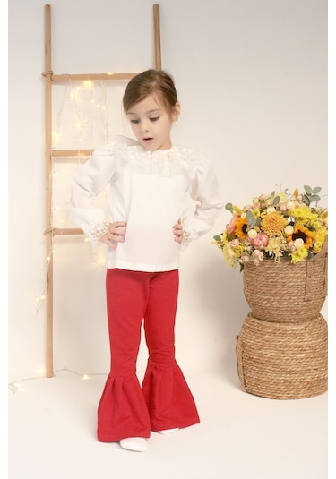 Kız Çocuk Kırmızı İspanyol Paça Yüksek Bel Lastikli Tayt Pantolon Alt-0004.3 Kırmızı