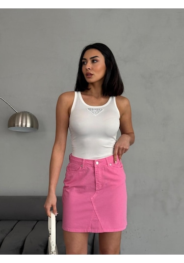 Zeo Basic Dikiş Detaylı Mini Pink Etek Pembe