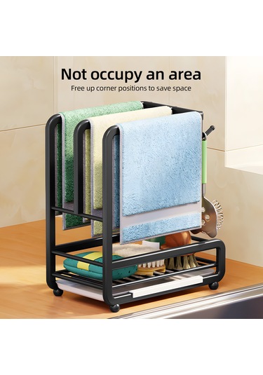 Teltree Paslanmaz Çelik Mutfak Düzenleyici - Duvar Veya Tezgah Montajlı Havlu Askısı, Süngerlik Ve Damlalık Tepsili Siyah