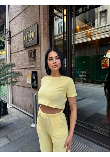 Sarı Modal Keten Desenli Bisiklet Yaka Takım Sarı