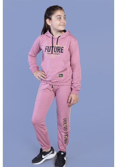 Toontoy Kız Çocuk Baskılı Kanguru Cepli Eşofman Takımı Gül Kurusu