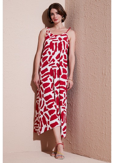 Lela Desenli Midi Boy Oversize Fit Bağlamalı Ip Askılı Bisiklet Yaka Bayan Elbise 5869009 Bordo