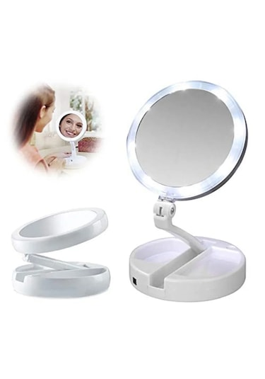 Monozone 10x Katlanabilir Çift Taraflı Usb Vanity Led Işıklı Makyaj Aynası Beyaz