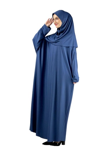 Namaz Elbisesi Eşarp Seccade Tesbih Set, İslami Giyim Takım Ferace Turban Şal İndigo