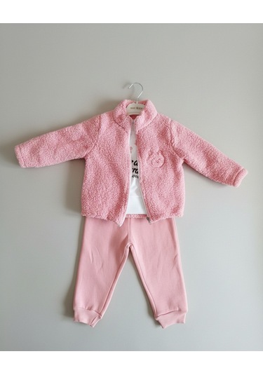 Kedi Nakışlı Peluş Hırkalı, Baskılı Sweatshirt Ve Eşofman Altı 3'lü Kız Çocuk Takımı Pembe