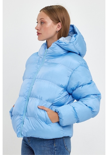 Alisse Kadın Mavi Kapüşonlu Şişme Mont Kaban Mavi