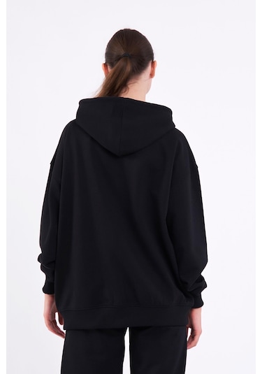MMetalic Siyah Kanguru Cepli Kapüşonlu Fermuarlı Oversize Kadın Sweatshirt Mtlcb73 Siyah