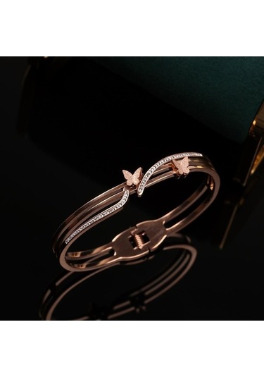 Novahub Altın Kızlar İçin Kırmızı Kelebek Titanyum Çelik Bilezik - Solmaz Moda Bilezik Kadınlar İçin Altın Renk Altın