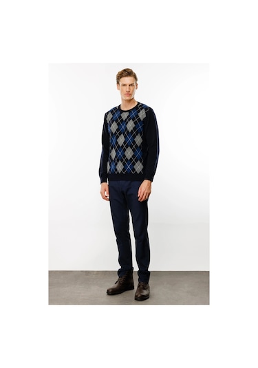 Desen Triko Erkek Sıfır Yaka Önü Baklava Desenli Kazak 24511 Koyu Lacivert Koyu Lacivert