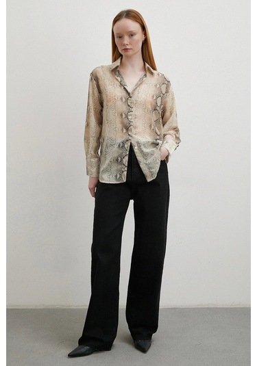 Yılan Derisi Desenli Tül Gömlek Bej Bej