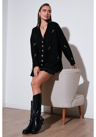 Lela Oversize Fit Desenli V Yaka Triko Bayan Hırka 4616193 Siyah