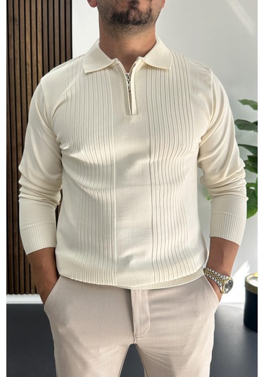 Erkek Çizgi Desenli Normal Kalıp Kazak Krem Edw422 Krem