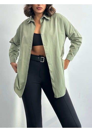 Kadın Oversize Uzun Basic Gömlek Haki