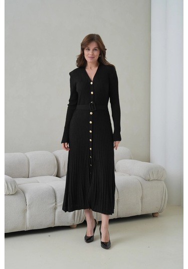 Kadın V Yaka Ful Düğme Kapama Kemer Detay Maksi Boy Fitilli Triko Elbise Siyah