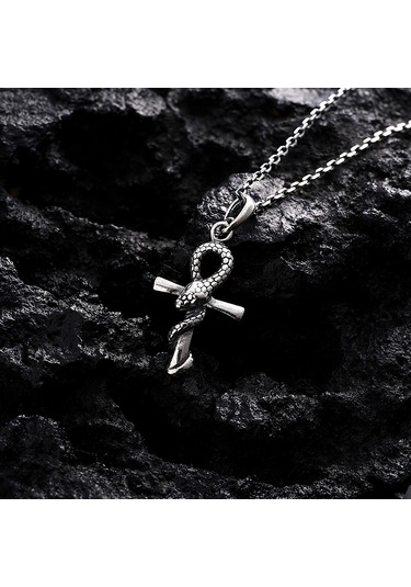 İpek Silver 925 Ayar Gümüş Ankh - Oroborus Unısex Kolye Gümüş