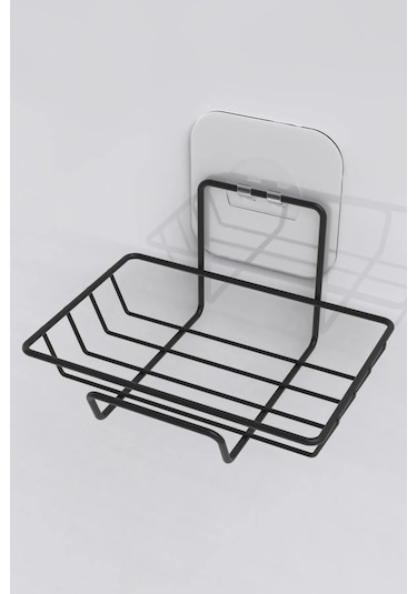 Siyah Yapışkanlı Metal Kancalı Raf Ve Sabunluk Seti Banyo Ve Mutfak Rafı Siyah