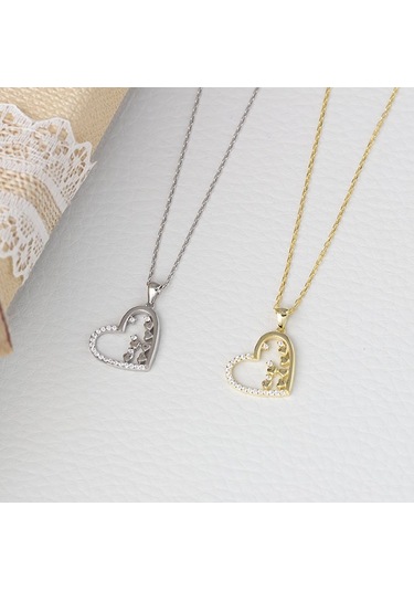 Kalp Model Minik Kalpler Detaylı Gold Rengi 925 Ayar Gümüş Kadın Kolye Gold