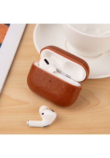 Airpods Pro 3 2025 Uyumlu Lüx Deri Suni Deri Kılıf 360 Koruma+kanca Açık Kahverengi