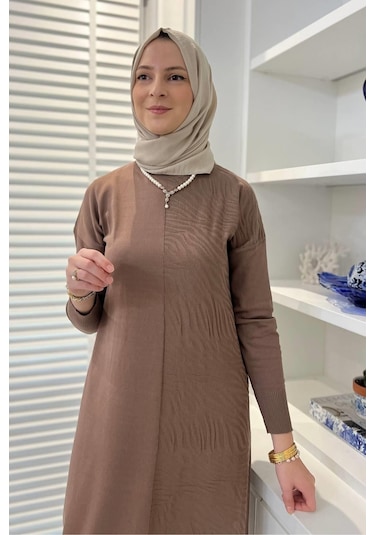 Rabia Şamlı Zebra Desen Triko Elbise Sütlü Kahve Kahverengi
