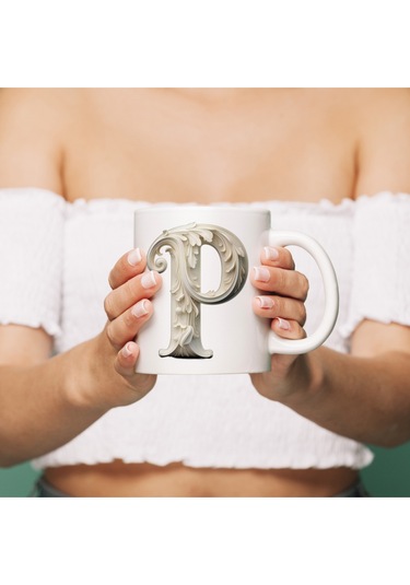 P Harfi Bardak, Monogram 330 Ml Barok Oymalı Görünüm Beyaz