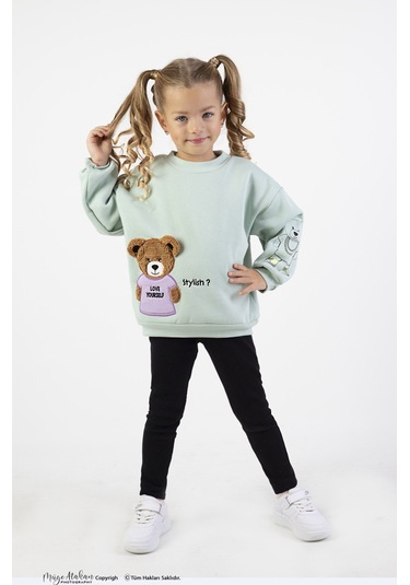 Kız Çocuk Orta Kalınlıkta Baskılı Örme Basic Taytlı Alt Üst Takımı Yeşil