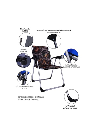 Alin Metal 140 Kg Taşima Kapasiteli Lüks Bardaklıklı Kamp & Piknik Sandalyesi Yaprak Desenli Çok Renkli