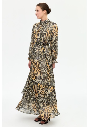 Leopar Desenli Empirime Elbise Kahve Kahve