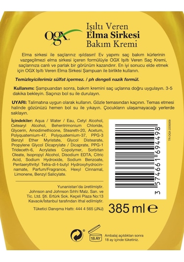 OGX Işıltı Veren Elma Sirkesi Sülfatsız Saç Kremi 385 ML