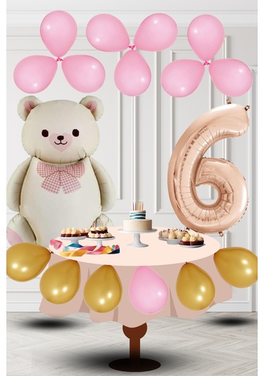 6 Yaş Retro Folyo Krem Ayıcık Pembe Gold Balon Rose Gold Rakam Doğum Günü Süsleme KREM