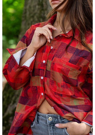 Verdeblanco Çizgili Kareli Dijital Baskı Uzun Kollu Gömlek Kırmızı-yeşil Kırmızı - Yeşil