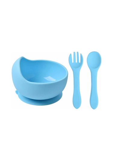 Jojobebek Çocuk Silikon Mama Önlüğü, Silikon Vakumlu Kase, Silikon Çatal-kaşık, Silikon Pipetli Bardak Mavi
