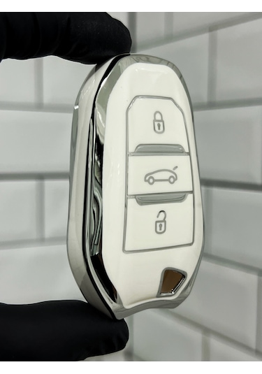 Peugeot 208 308 408 508 2008 3008 5008 Uyumlu Anahtar Kılıfı Beyaz - Gümüş
