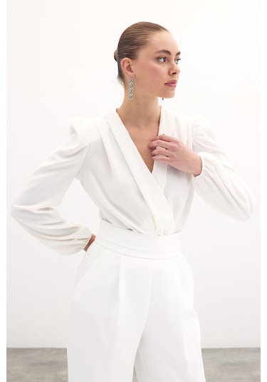 Sateen Kruvaze Vatkalı Bodysuit - Ekru