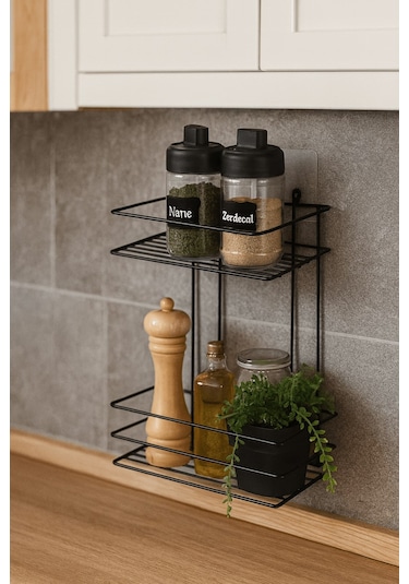 2 Katlı Siyah Mutfak Askısı, Baharatlık Rafı - Duvara Monte, Yapıştır/vidala, Paslanmaz Metal 26 X 33cm Tş-02 Siyah