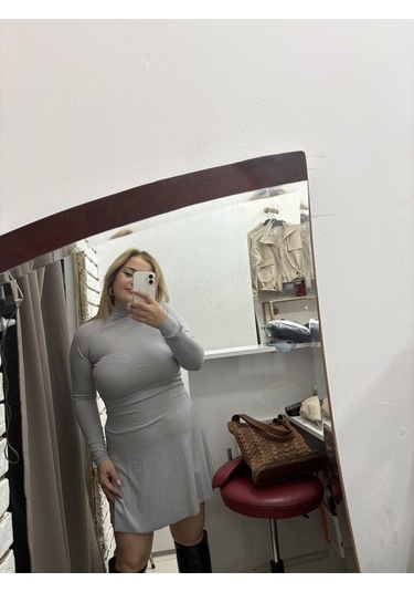 Tuba Toptaş Kloş Elbise Balıkçı Yaka Gri