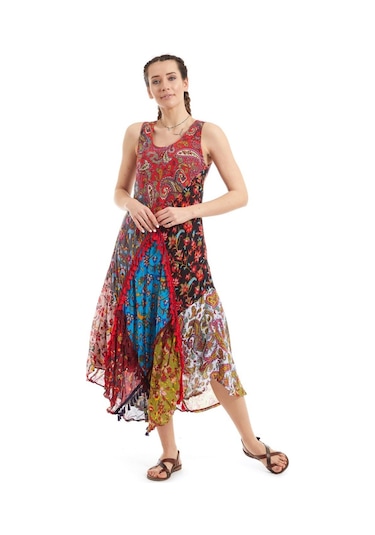 Kırmızı Patchwork Vual Yazlık Elbise