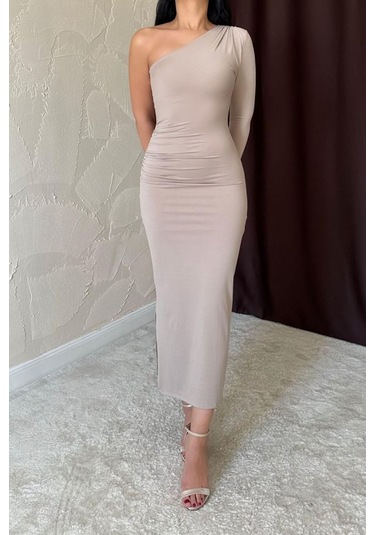 Bej Büzgü Detaylı Tek Omuz Elbise Bej