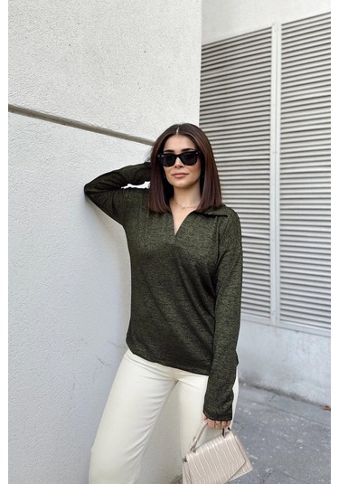 Kadın Haki Polo Yaka Basic Bluz, Uzun Kol, Regular Kesim, Günlük Ve Spor Kaliteli Kumaş Sweatshirt Yeşil