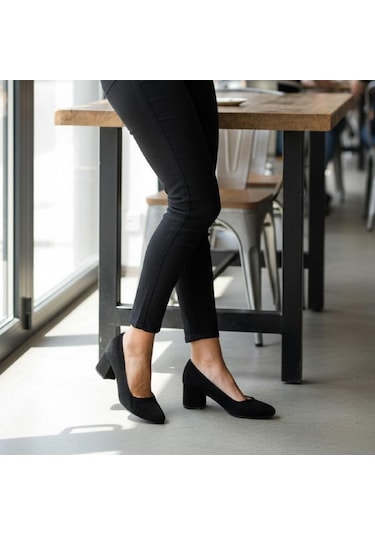 Fiyra 7028 Siyah Süet 5cm Kare Topuklu Bayan Stiletto Ayakkabı Siyah Süet