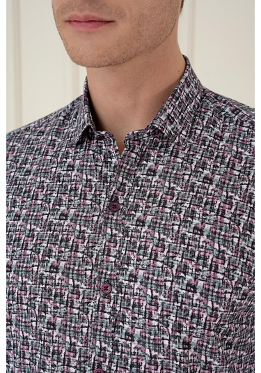 Slim Fit Baskılı %100 Pamuk Spor Gri Gömlek G 1586 Gri