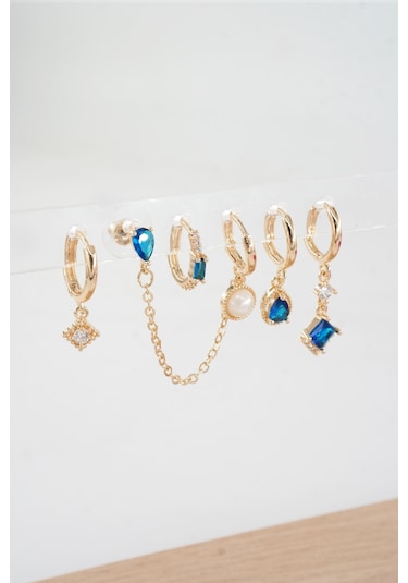 Kadın Vip Seri Özel Tasarım Baget Zirkon Taşlı 6'lı Küpe Seti 0000116 Sarı