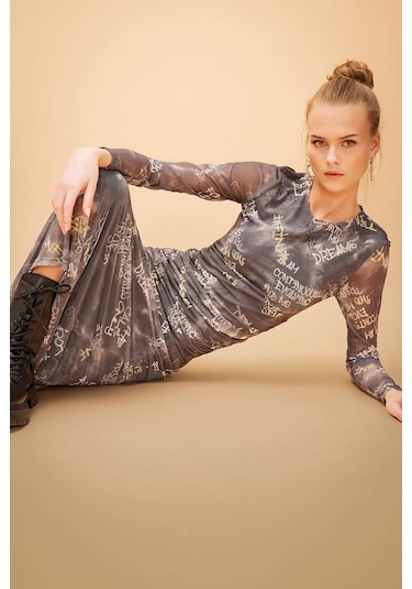 DeFacto Coool Bodycon Desenli Tül Uzun Kollu Maxi Elbise C1891AX24SPGR452