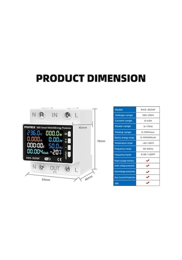 Tuya Destekli Akıllı Wifi Yüksek Voltaj Güç Tüketim 63 Amper